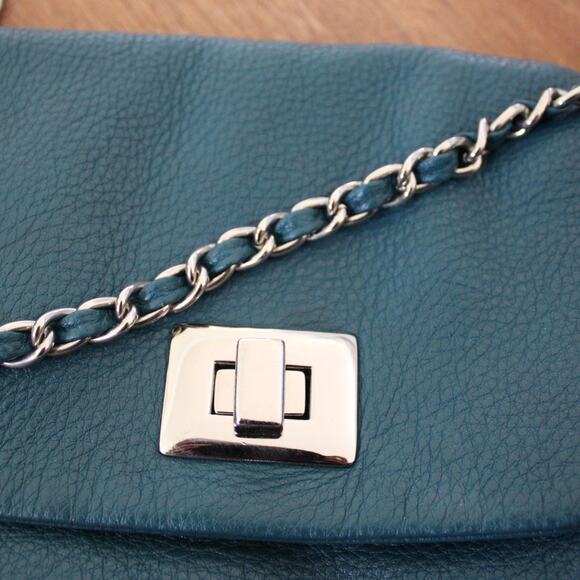 Kinta Leather Fold Over Green Shoulder Bag Purse Chain Gold Strap - Picture 2 of 10